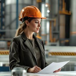 Directora de operaciones revisando pedidos junto a una mesa de control en planta industrial