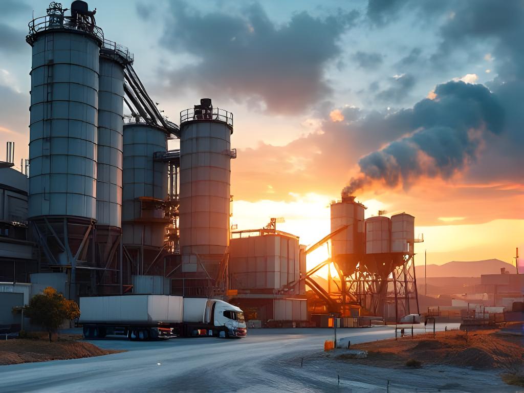 Planta de cemento con silos, acopio ordenado y camiones listos para reparto al amanecer